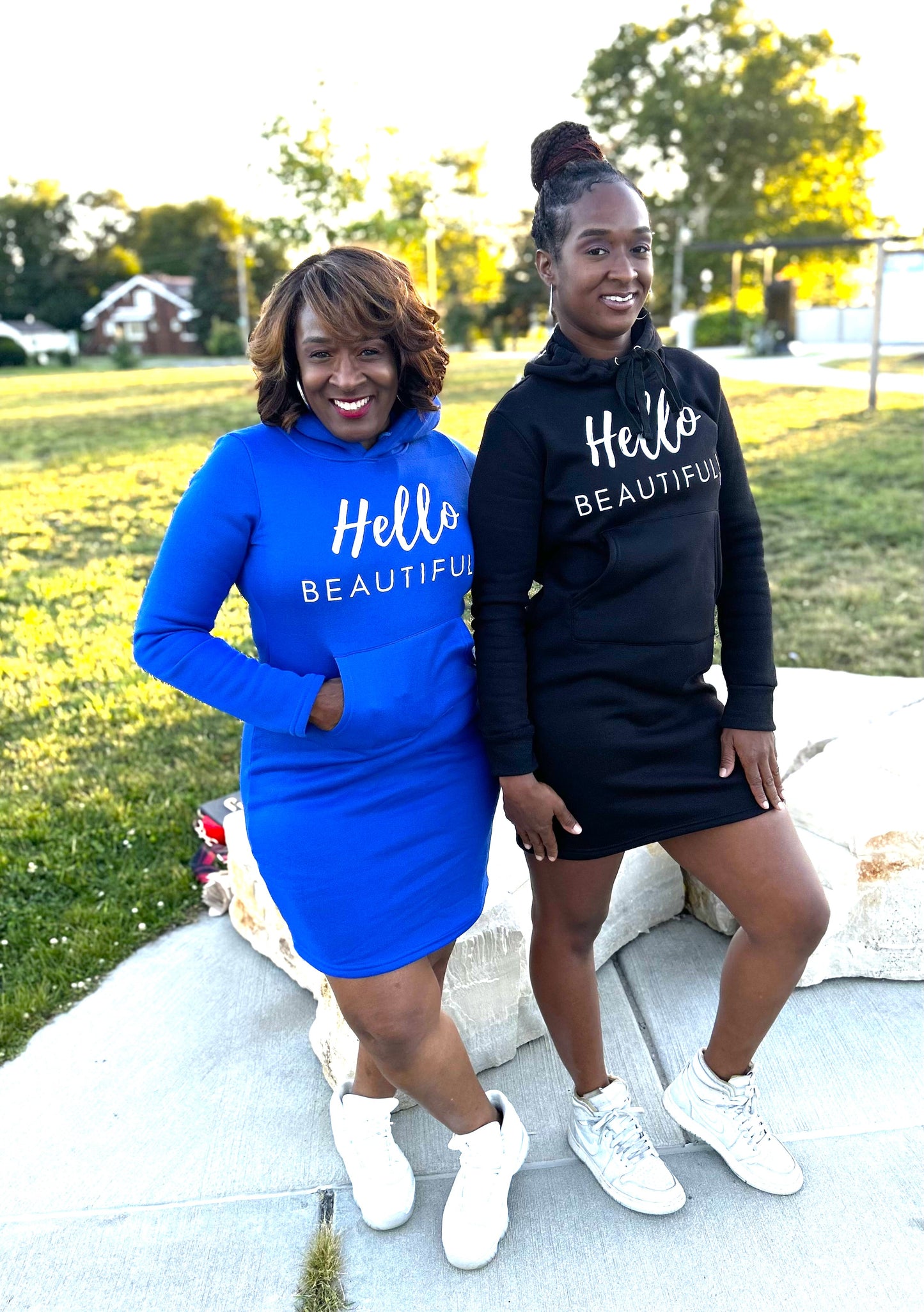 Hello Beautiful Hoodie Dress (Royal)